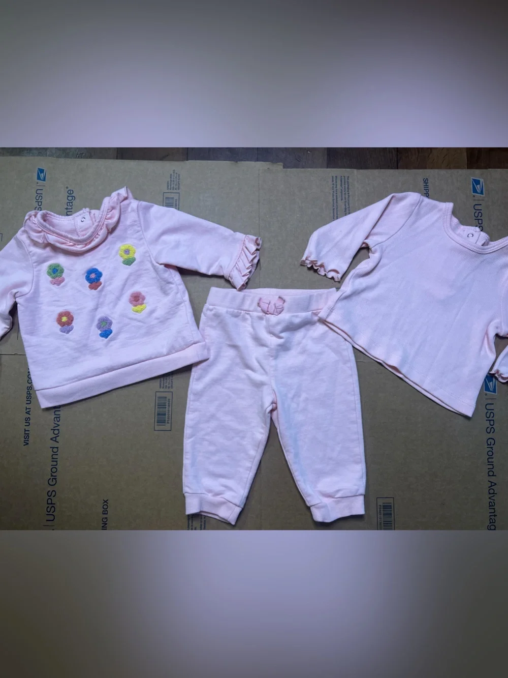 Little Me Pink Floral Embroidered 3-Piece Sweatpants & Tops Set